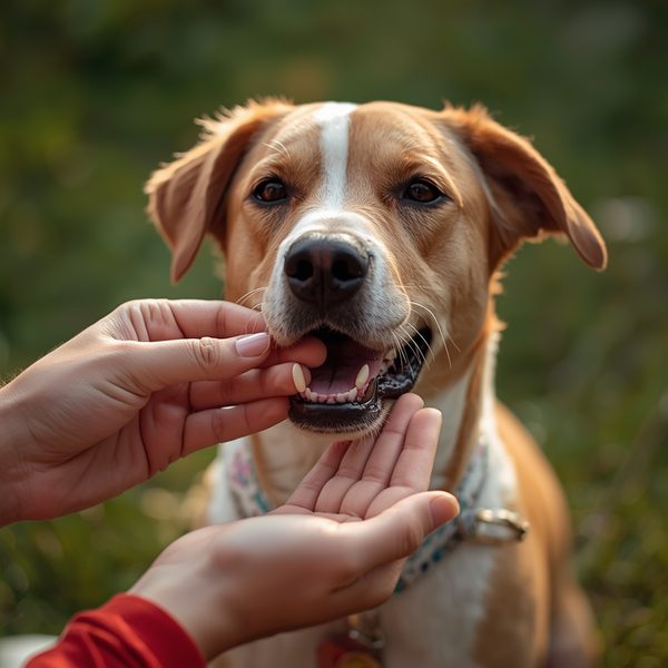 Mãos oferecendo carinhosamente um medicamento a um cachorro caramelo