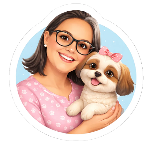 Ilustração da Vera abraçando um shih-tzu — mascote do Mimo Canino